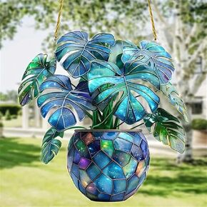 Monstera Plant Stained Window Hanging Ornament, Potted Plants Wall Art Garden Stained Acrylic Window Panel, Great Gift for Mom Grandma for Birthday Mother's Day or Housewarming