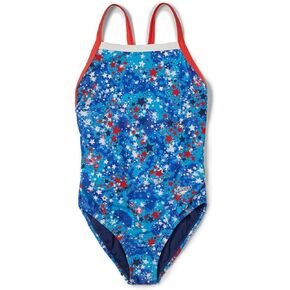 Speedo Girl's Printed Propel Back One-Piece (Big Kids) Blueprint 14 Big Kid