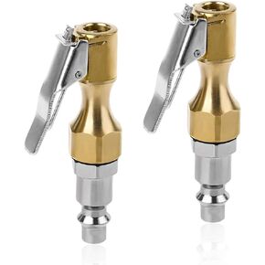 2 PCS Brass Air Chuck, 1/4" FNPT Closed Flow Heavy Duty Brass Locking Tire Air Chuck with Clip, Quick Connect Closed Flow Straight Chucks Clip-On Tire Inflator Nozzle Adapter