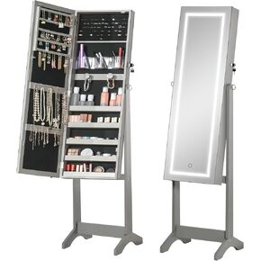 HOMCOM Floor Standing Jewelry Cabinet with LED Light, Lockable Jewelry Organizer with Full-Length Mirror, and 4 Adjustable Angles, Grey