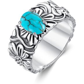 Genuine Turquoise Flower Rings for Women wide Band Chunky Boho Ring Western 925 Sterling Silver Oval Authentic Jewelry