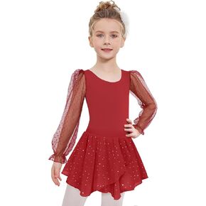 Zaclotre Gymnastics Ballet Leotards for Girls Mesh Puff Long Sleeve Leotard for Dance