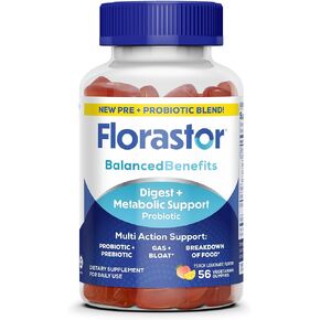 Florastor Digestive and Metabolic Support Probiotic Blend, Prebiotic and Probiotic Gummies for Multi-Action Digestive Health Care, with Vitamin B12, 56 Gummies