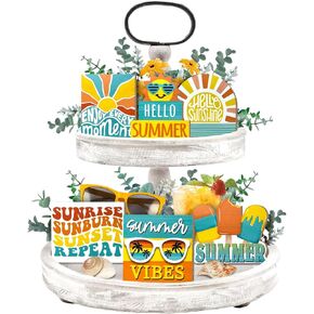Summer Tiered Tray Decor, Sunshine Tray Decorations Set, Hello Summer Sunrise Popsicle Sun Wooden Signs, Farmhouse Rustic Hawaii Beach Home Decor for Table Mantel Holiday Party