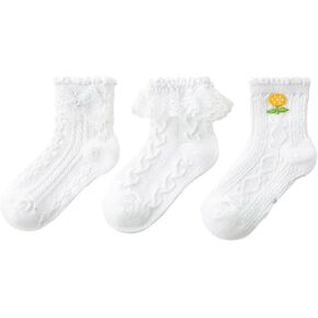 Mid Calf Socks for Girl White Lace Comfortable Crew Princess Dress Socks 8-12 Years 3 Pairs