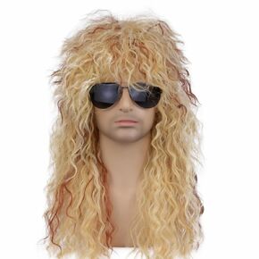 السبعينات من القرن الماضي ، شعر مستعار الروك للرجال والنساء ، شعر مستعار Rockstar Long Curly Mullet لنجمة Halloween Rock Punk Cosplay Party (Brown)