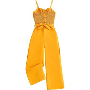 WDIRARA Girl's Smocked Wide Leg Jumpsuit Frill Trim Spaghetti Strap Belted Overalls