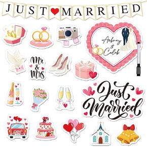 Just Married Car Decorations - 18PCS Just Married Sign Banner for Car Wedding Ornate Cars Magnets Decoration for Bridal Shower Honeymoon