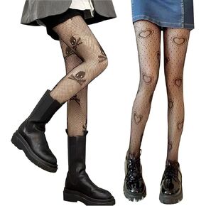 SERAPHY 2 Pairs Women's Patterned Tights Black White Lace Tights Fishnet Floral Stockings Sexy Pantyhose Leggings
