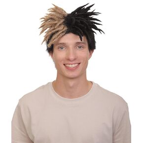 HPO Adult Men’s American Rapper Half-colored Black and Blonde Dreadlock Updo Wig, Non-flammable Synthetic Fiber Wig