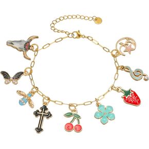 Hand Made Stainless Steel Chain Nine Hanging Pendants Charm Bracelet for Women Gift for Girlfriend