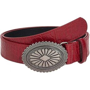 Yalice Women Red Leather Belt Silver Buckle Cowgirls أحزمة الجينز Y2K Country Weist Belt للسيدات
