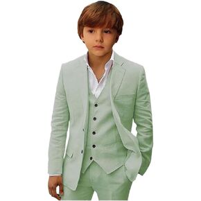 Mi Bo Tong Boys Linen Suit Slim Fit Kids Suit for Boys Summer Beach Wedding Suit Kids Tuxedos Suit Blazer Vest Pants Set Sage Green 10