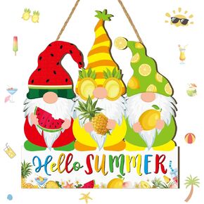 Wesiti Hello Summer Door Sign Summer Welcome Decor Hawaii Gnomes Wooden Hanging Sign Rustic Colorful Fruits Gnome Hanging Plaque Door Hanger for Outdoor Porch Home
