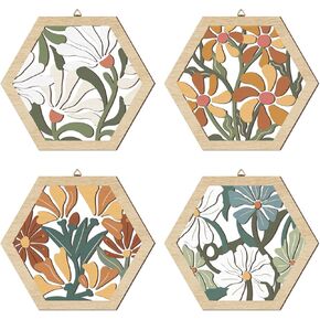 HOURIA 4PCS Boho Flower Wood Wall Art,Abstract Flower Market Wooden Wall Hanging Decor,8"x10"Colorful Matisse Wall Art Framed,Minimalist Floral Botanical Art Print for Girls Bedroom Living Room Office