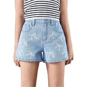 OYOANGLE Girl's Cute Bow Print Denim Shorts Straight Leg Jean Shorts with Pocket