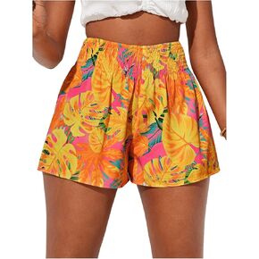 Girl's Boho Graphic Shorts Tropical Plant Print Elastic High Waisted Summer Vacation Shorts
