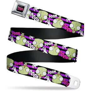 INVADER ZIM Title Logo Full Color Black/Pinks Seatbelt Belt - Invader Zim GIR DOOM Collage Stripe Black/Purple Webbing