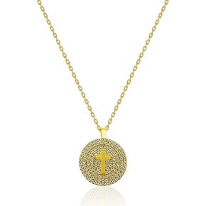 قلادة عملة متقاطعة لامعة للنساء | قلادة 2 سم مع أحجار الراين | 925 sterling Silver Cross Pendant على سلسلة الكابل | hypoallergenic | لذيذ وأحد الحد الأدنى