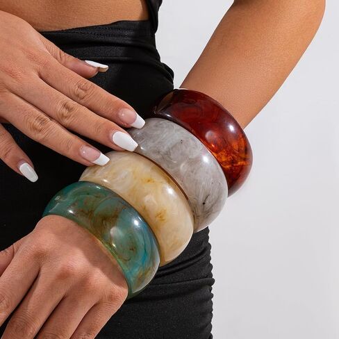 alextina 4pcs أساور الإسورة الأكريليك الكبيرة للنساء ، أساور راتنجات هندسية ملونة مكتنزة وضعت قبة واسعة شكل راتنجات أكريليك أزياء مجوهرات العطلات للارتداء اليومي in Saudi Arabia