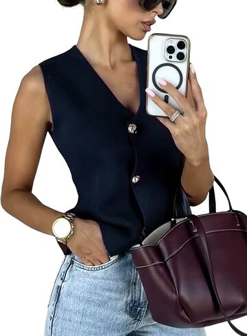 Wyeysyt Womens Stest أعلى من أكمام أكمام متماسكة الذهب زر أسفل V سترة الرقبة عارضة صيف الصيف كارديجان in Kuwait