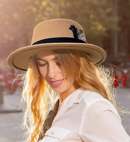 Lanzom Classic Fedora Hats for Women Flat Top Hat for Men Pork Pie Hat Wide Brim Church Boater Trilby Cap in Saudi Arabia