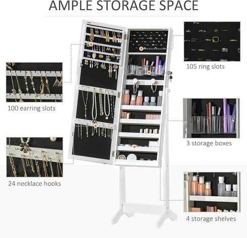 HOMCOM Floor Standing Jewelry Cabinet with LED Light, Lockable Jewelry Organizer with Full-Length Mirror, and 4 Adjustable Angles, Grey in Saudi Arabia
