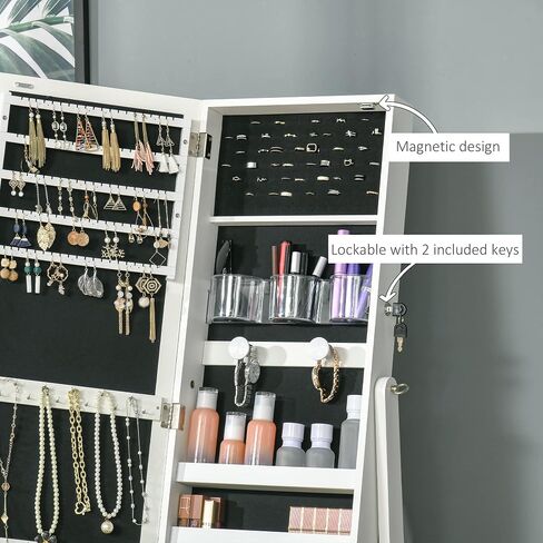 HOMCOM Floor Standing Jewelry Cabinet with LED Light, Lockable Jewelry Organizer with Full-Length Mirror, and 4 Adjustable Angles, Grey in Saudi Arabia