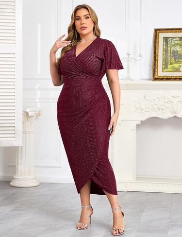 ZOMVA Plus Size Bodycon Formal Dress Sparkly V-Neck Wrap Midi Ruffle Sleeves Cocktail Prom Glitter Wedding Guest Dress in Saudi Arabia