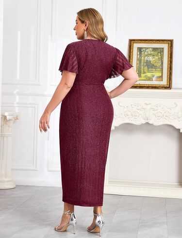 ZOMVA Plus Size Bodycon Formal Dress Sparkly V-Neck Wrap Midi Ruffle Sleeves Cocktail Prom Glitter Wedding Guest Dress in Saudi Arabia