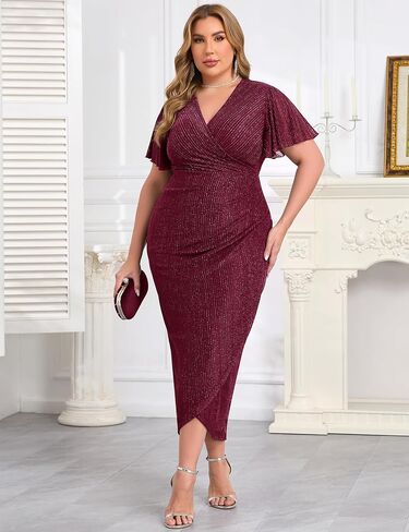 ZOMVA Plus Size Bodycon Formal Dress Sparkly V-Neck Wrap Midi Ruffle Sleeves Cocktail Prom Glitter Wedding Guest Dress in Saudi Arabia