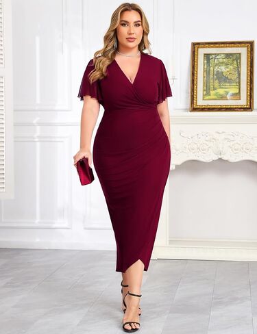 Zomva plus size bodycon فستان رسمي براقة v-رقص التفاف midi الأكمام الكشكش كوكتيل براقة in Kuwait