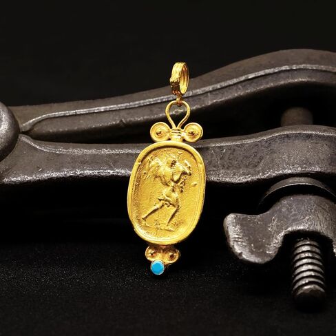 Caprixus 925 Sterling Silver Pendant القديم Hercules Coin 24K Gold Vermeil Champagne Color Cubic Zirconia المصمم يدويًا مصممًا يونانيًا رومانيًا حرفيًا مجوهرات راقية التركية in Saudi Arabia