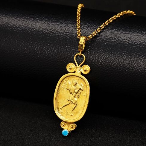 Caprixus 925 Sterling Silver Pendant القديم Hercules Coin 24K Gold Vermeil Champagne Color Cubic Zirconia المصمم يدويًا مصممًا يونانيًا رومانيًا حرفيًا مجوهرات راقية التركية in Saudi Arabia