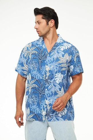 Men's Short Sleeve 100% Viscose Hawaiian Shirt Regular Fit Button Closed in Kuwait