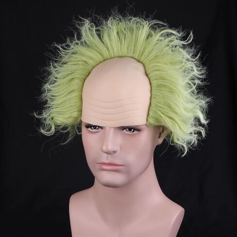 RightOn Green Wig with Bald Cap Short Curly Wig for Men and Women Cosplay Halloween Use in Kuwait