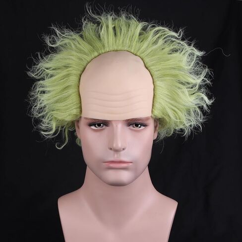 RightOn Green Wig with Bald Cap Short Curly Wig for Men and Women Cosplay Halloween Use in Kuwait