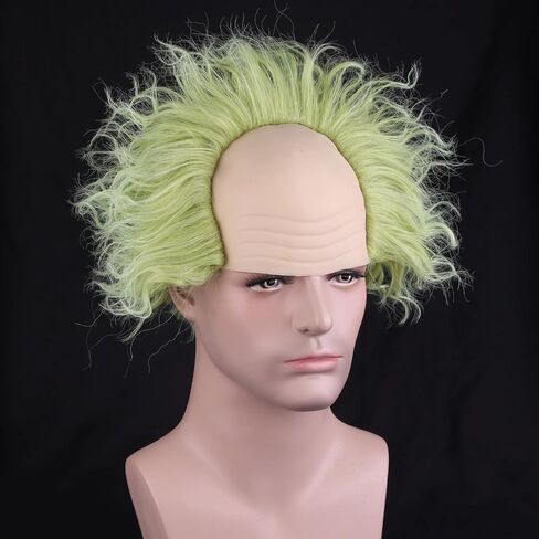 RightOn Green Wig with Bald Cap Short Curly Wig for Men and Women Cosplay Halloween Use in Kuwait