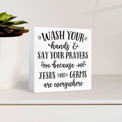 Wash Your Hands and Say Your Prayers Sign Wood Block,Funny Bathroom Signs Wooden Box for Bathroom Shelf Washroom Toilet Restroom Shelves Decor 5"L x 5"W x 1.1"H in Saudi Arabia