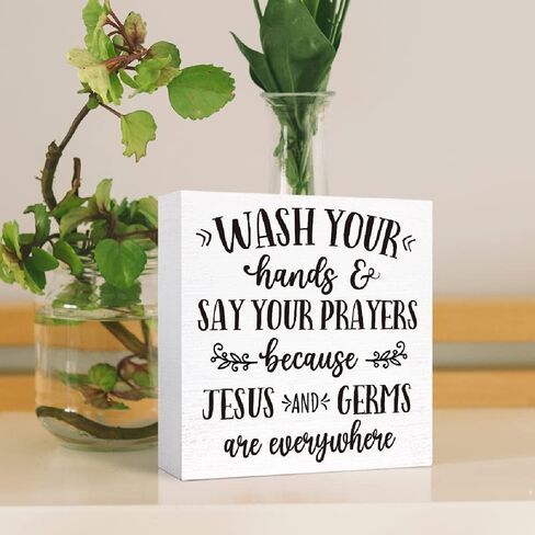 Wash Your Hands and Say Your Prayers Sign Wood Block,Funny Bathroom Signs Wooden Box for Bathroom Shelf Washroom Toilet Restroom Shelves Decor 5"L x 5"W x 1.1"H in Saudi Arabia