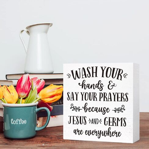 Wash Your Hands and Say Your Prayers Sign Wood Block,Funny Bathroom Signs Wooden Box for Bathroom Shelf Washroom Toilet Restroom Shelves Decor 5"L x 5"W x 1.1"H in Saudi Arabia