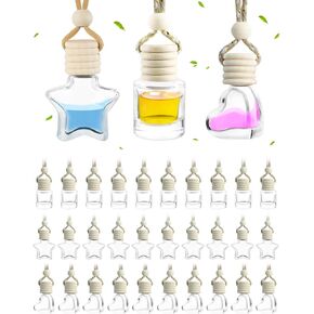 30 pcs 8ml مع معطر الهواء المعلق ، الزجاج الفارغ الفارغ الناشر العطر العطر العطور العطور العطر قلادة مع أغطية خشبية وسلسلة معلقة (أشكال مختلطة)