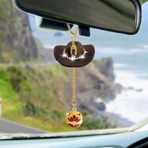 Cowboy Hat Car Hanging Ornament with Hollow Heart Pendant – Cute Rearview Mirror Decoration for Women Interior Accessories (Brown)