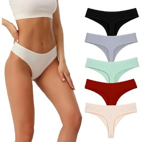Women's Cotton Thongs Mid Rise Underwear Breathable Soft Stretch Seamless Panties for Women 5 Pack