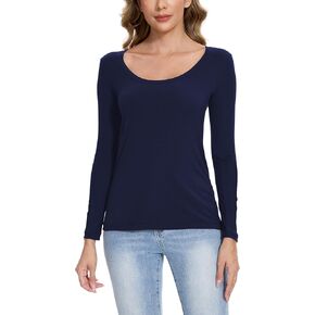 Bamboo Viscose Pajama Tops for Women Long Sleeve Scoop Neck Sleep Shirt Basic Layering Tees