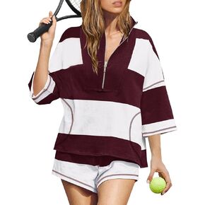 Wyeysyt Womens Striped 2 Piece Sets Summer Workout Outfits Oversized Lounge Set Going Out Pullover and Shorts