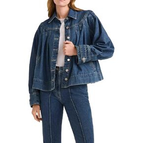 Womens Cropped Denim Jacket Long Sleeve Collared Button Down Pleated Jean Jckets with Pockets in Saudi Arabia
