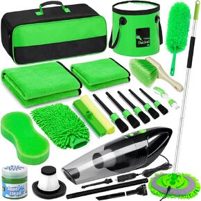 22Pcs Car Cleaning Kit - Car Wash Brush with 62'' Car Wash Brush with Long Handle, Car Detailing Kit Interior Cleaner Kit with Handheld Car Vacuum, Bucket, Detailing Brush Set