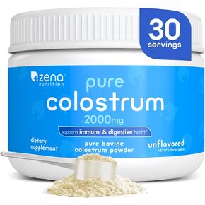 Zena Nutrition Bovine Colostrum Powder ، 2000mg colostrum pure ، يدعم الصحة المناعية والجهاز الهضمي ، ويعزز صحة الأمعاء ، الكيتو ، خالية من الغلوتين ، خالية من الدهون ، تغذية العشب ، غير متكافئ ، 30 حصة