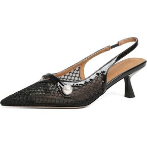 Kalstage Women’s Mesh Slingback Kitten Heels Pointed Toe Pumps Low Heel Black Lace Pearl Shoes Ankle Elastic Band Stilettos for Wedding Office Party